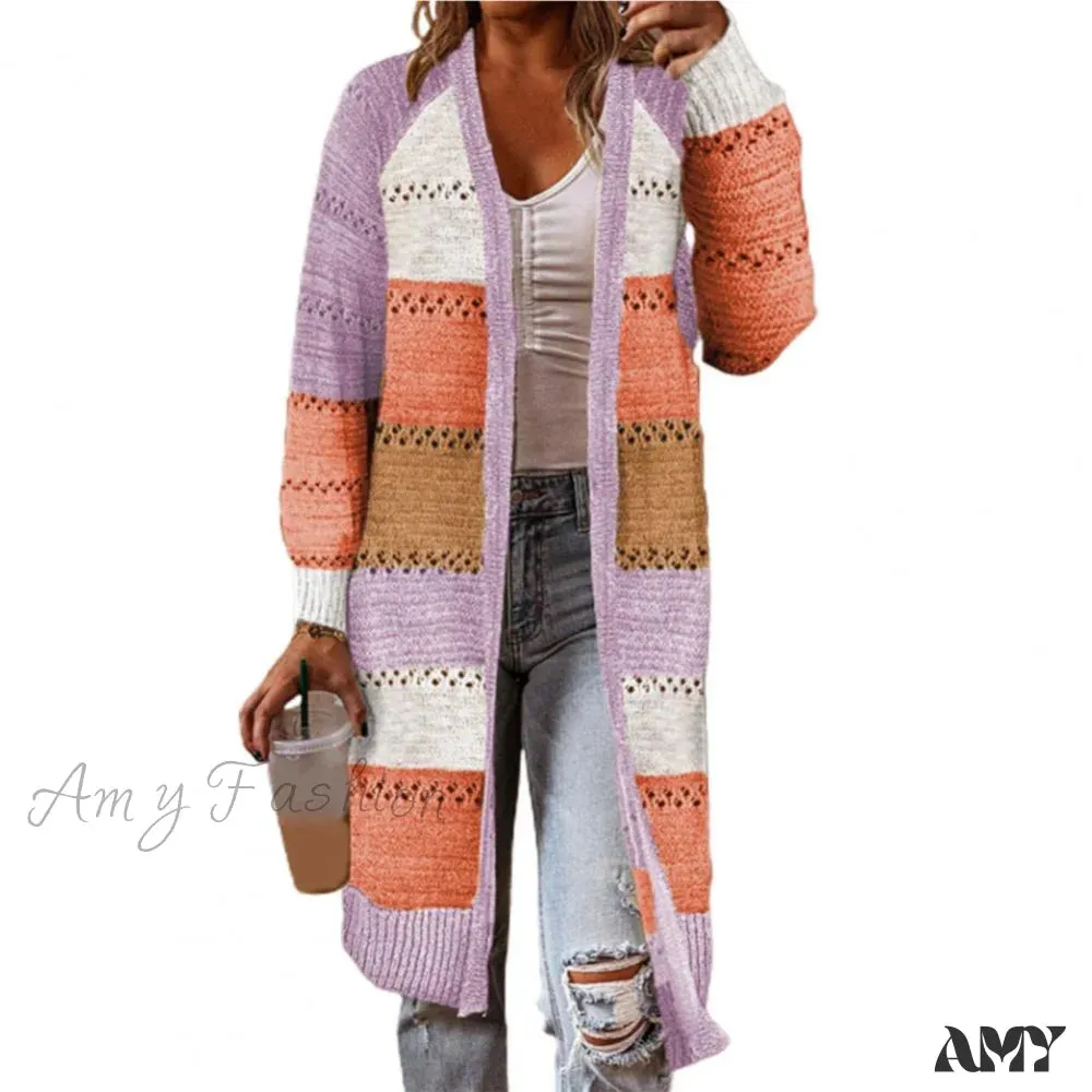 Amy Fashion - Women Cardigan Striped Comfy Patchwork Polyester Sweater