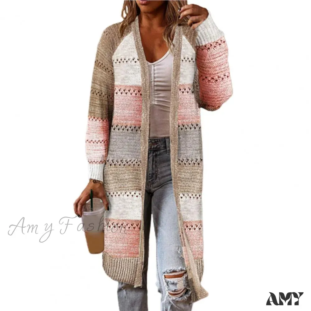 Amy Fashion - Women Cardigan Striped Comfy Patchwork Polyester Sweater