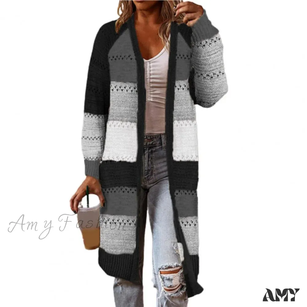 Amy Fashion - Women Cardigan Striped Comfy Patchwork Polyester Sweater