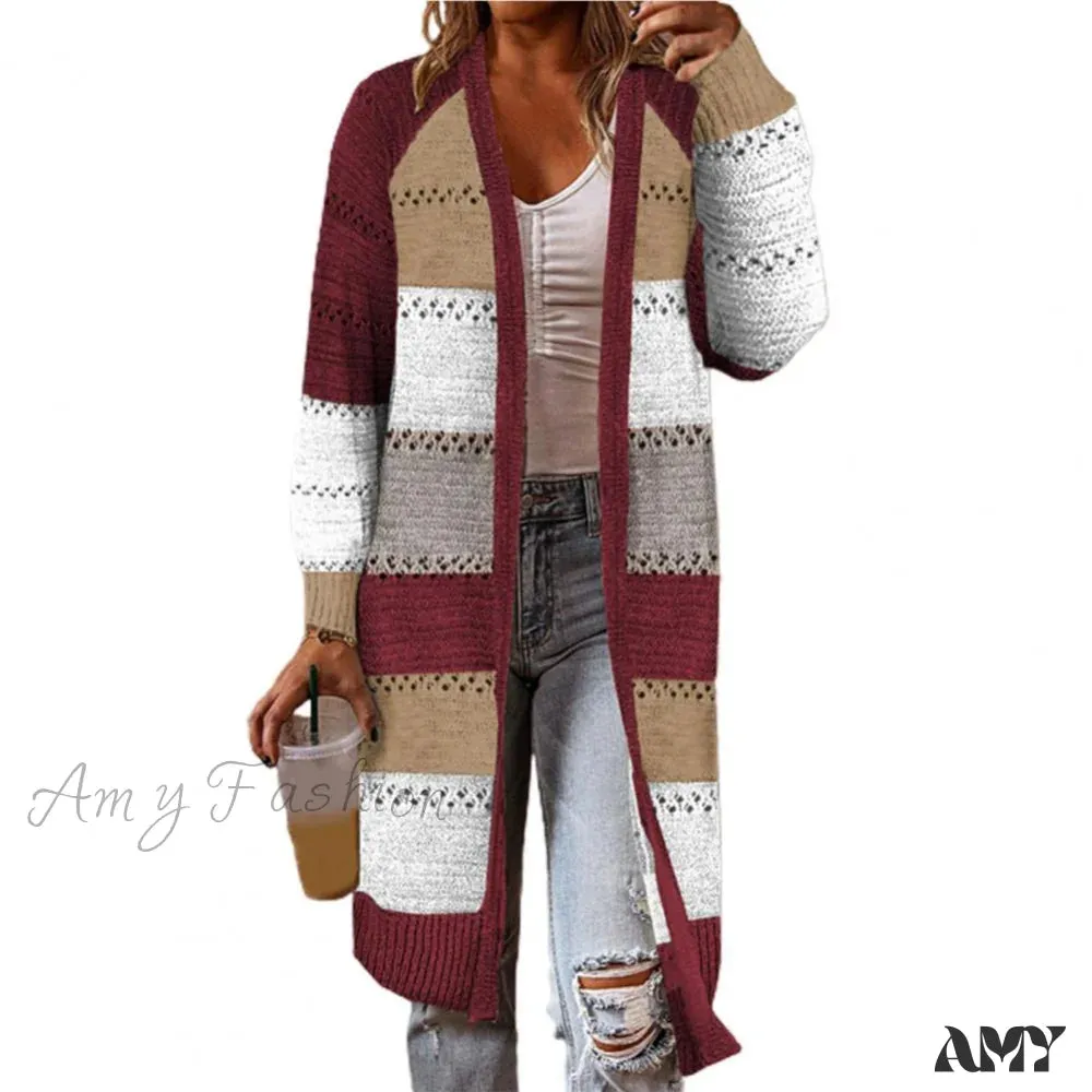 Amy Fashion - Women Cardigan Striped Comfy Patchwork Polyester Sweater