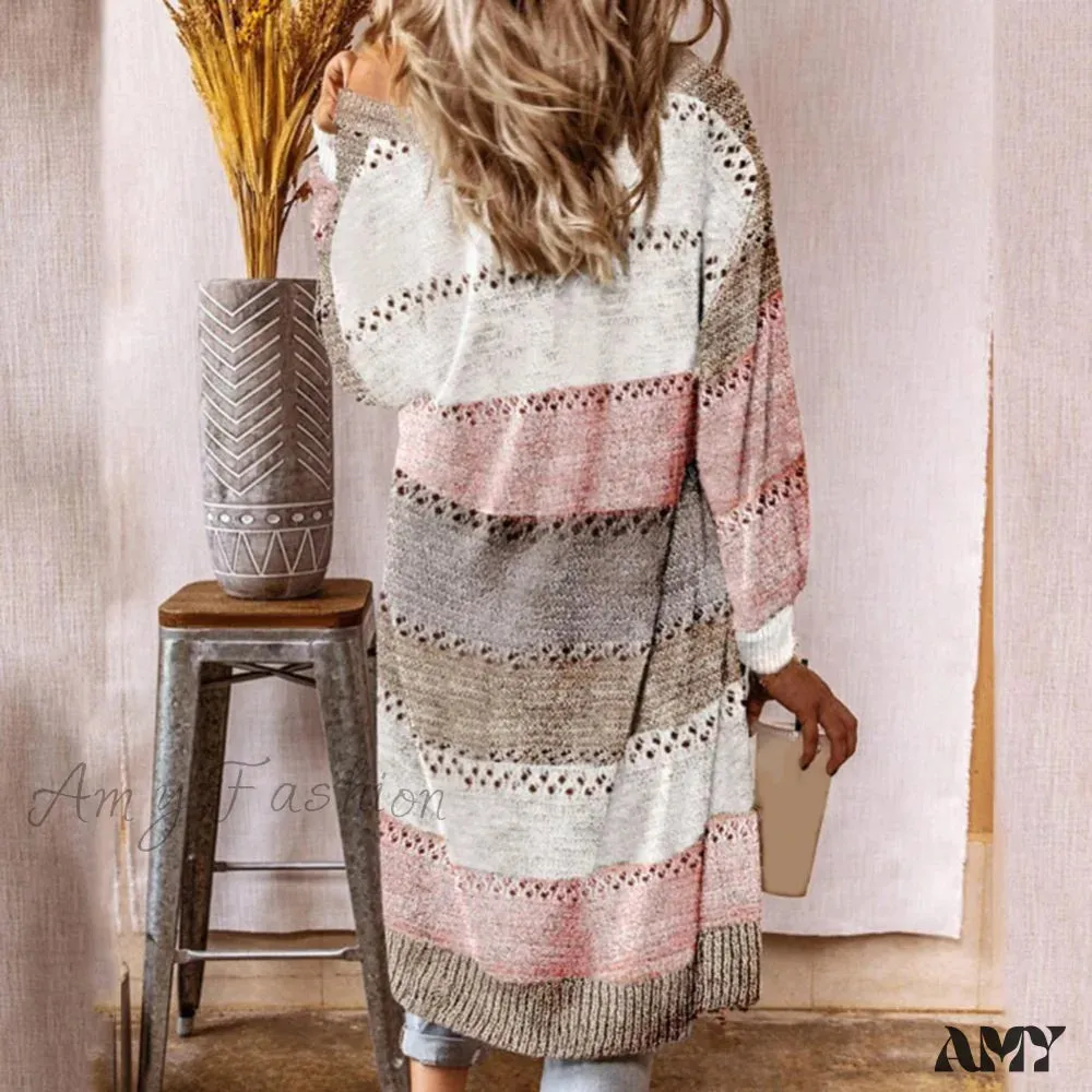 Amy Fashion - Women Cardigan Striped Comfy Patchwork Polyester Sweater