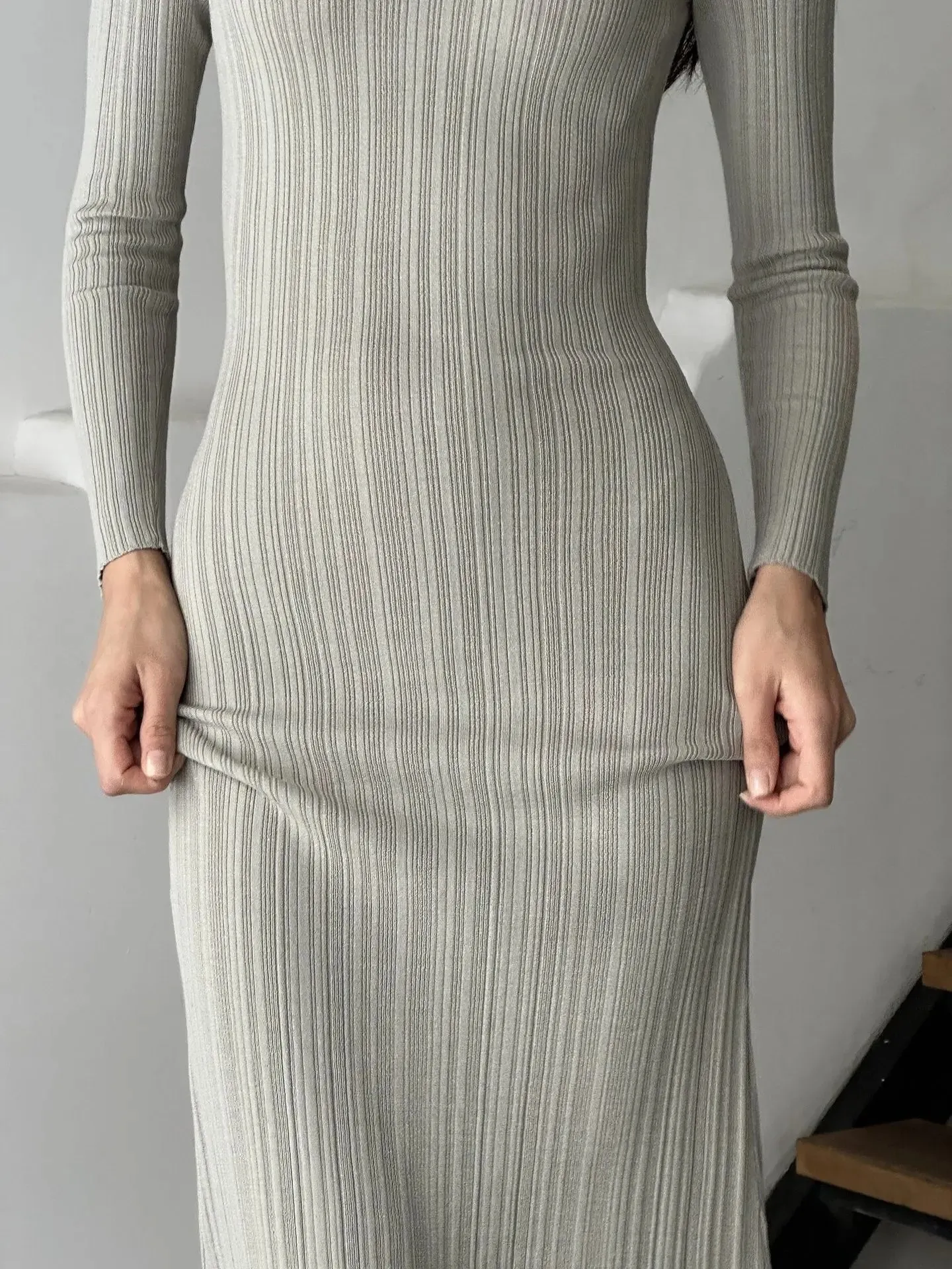 Autumn Long Sleeve Knitted Elegant Sexy Pit Strip O-Neck Bodycon Evening Party Lady Casual Maxi Dress