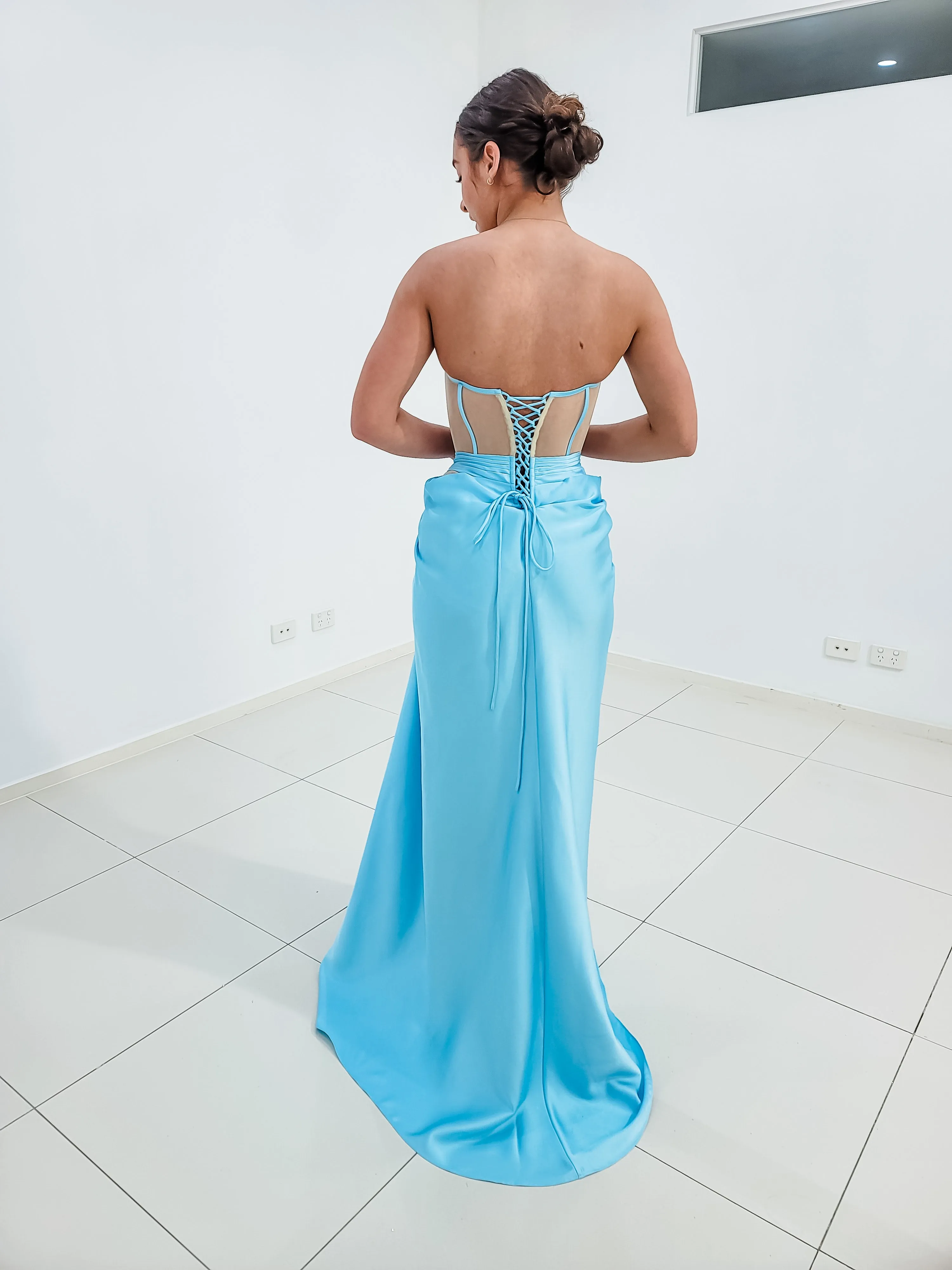 Baby blue satin dress with sheer corset top for hire