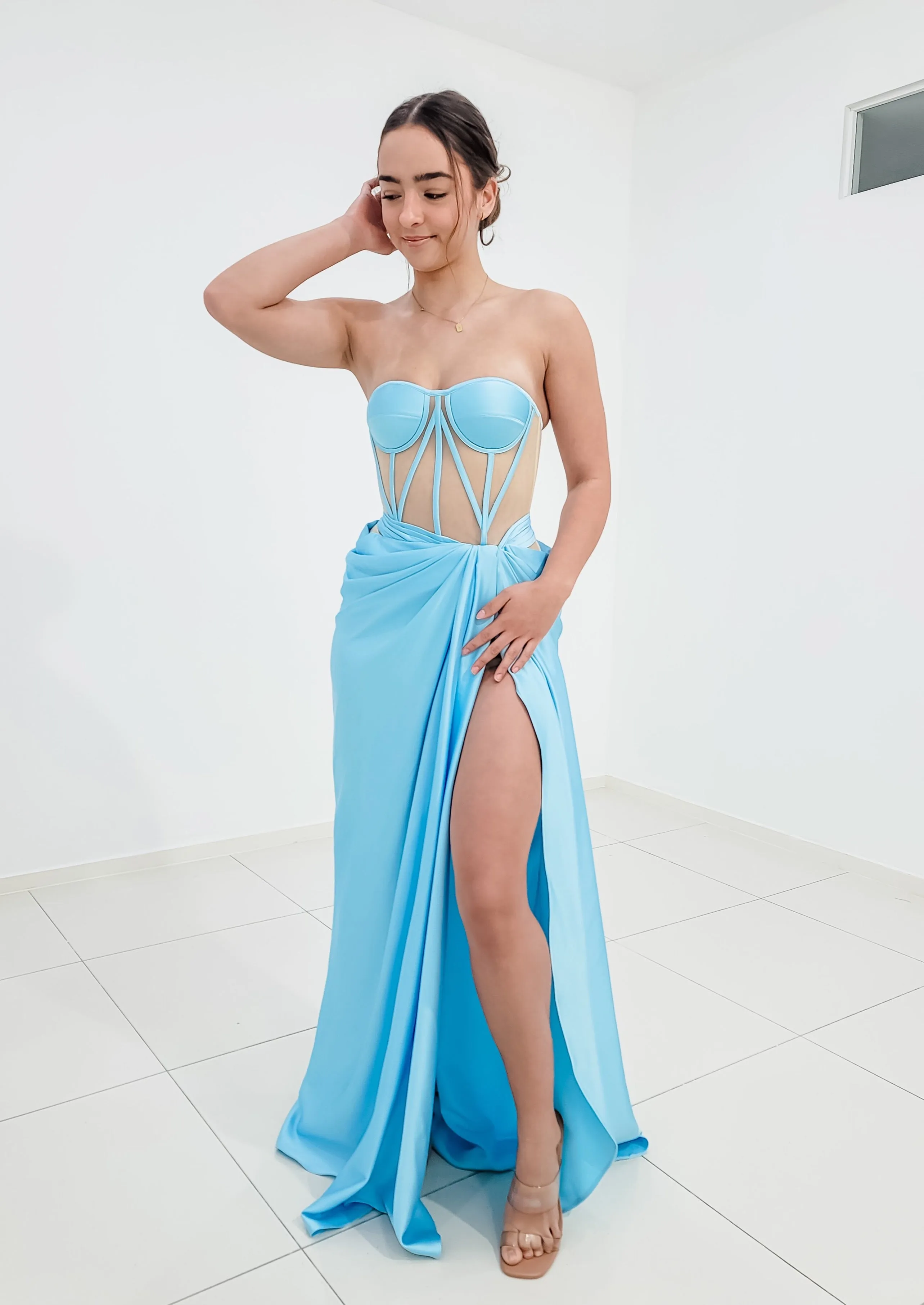 Baby blue satin dress with sheer corset top for hire