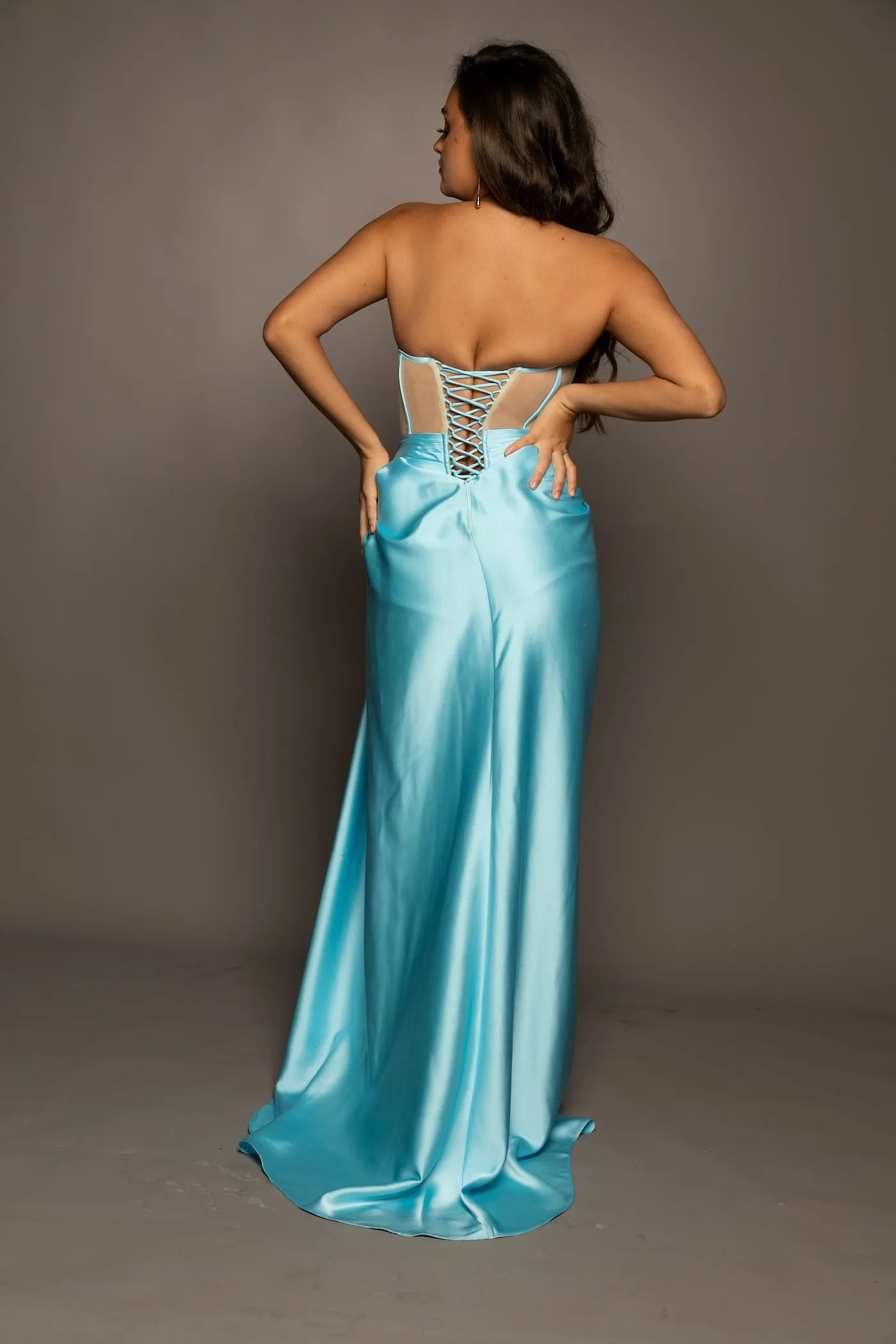 Baby blue satin dress with sheer corset top for hire