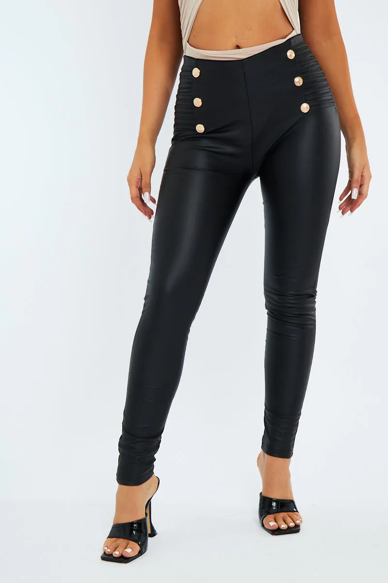 Black PU Leather Button Detailed Biker Leggings - Donda