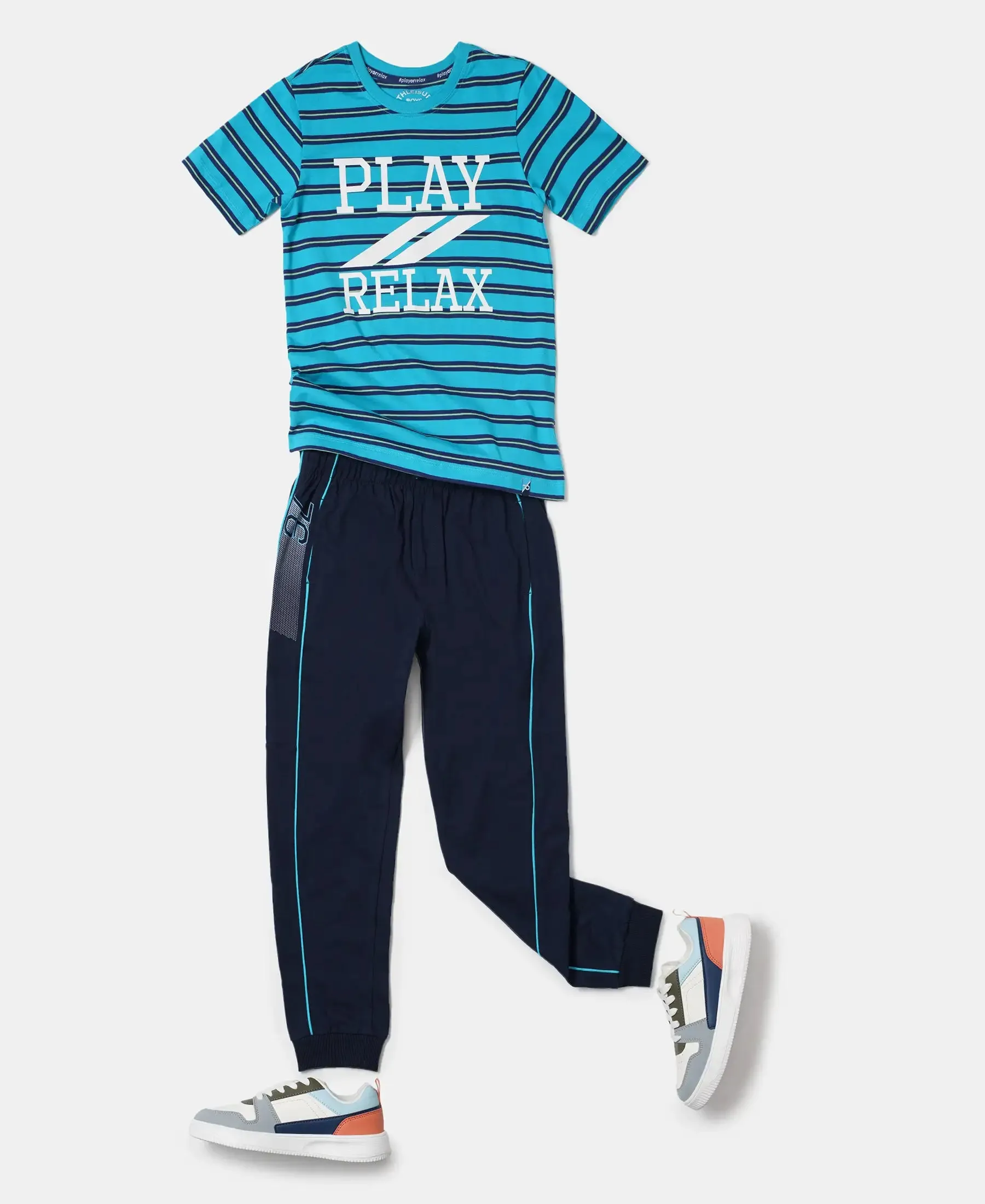 Boy's Super Combed Cotton Striped Graphic Printed Half Sleeve T-Shirt - Scuba Blue