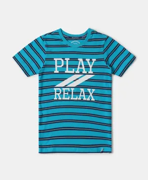 Boy's Super Combed Cotton Striped Graphic Printed Half Sleeve T-Shirt - Scuba Blue