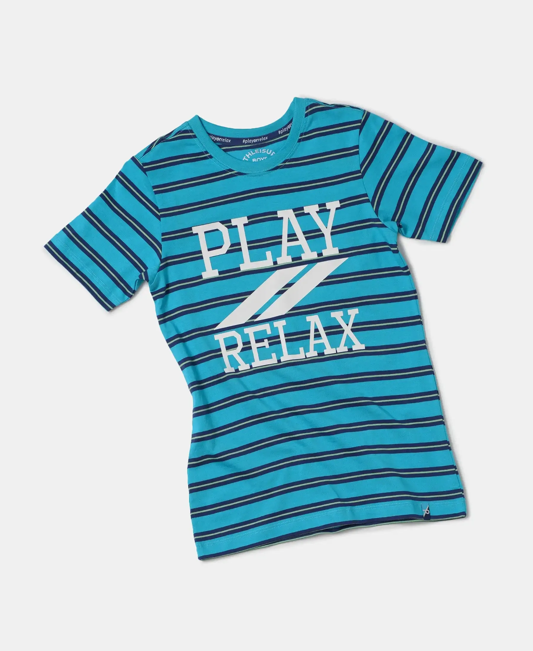 Boy's Super Combed Cotton Striped Graphic Printed Half Sleeve T-Shirt - Scuba Blue