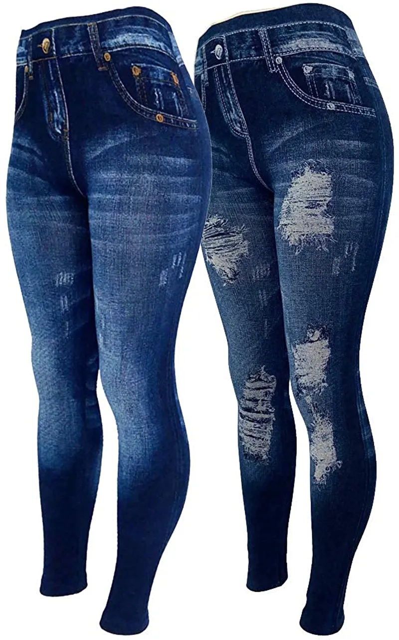 CLOYA Women's Denim Print Seamless Full Leggings for All Seasons - One Size Fits Small and Medium