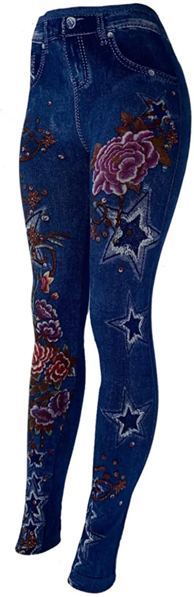 CLOYA Women's Denim Print Seamless Full Leggings for All Seasons - One Size Fits Small and Medium