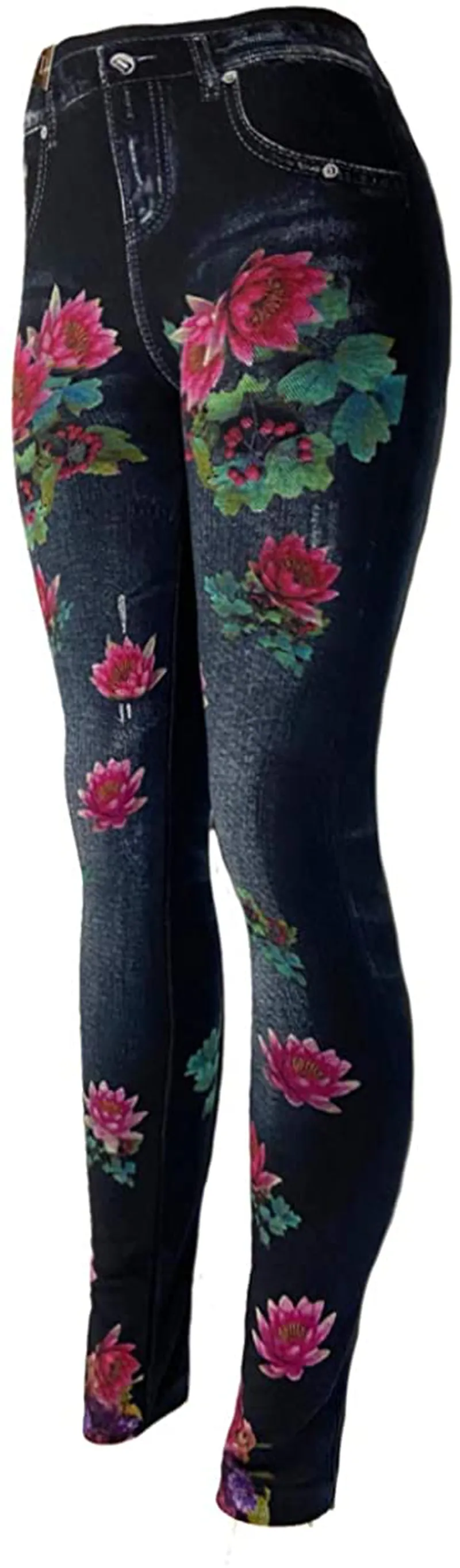 CLOYA Women's Denim Print Seamless Full Leggings for All Seasons - One Size Fits Small and Medium