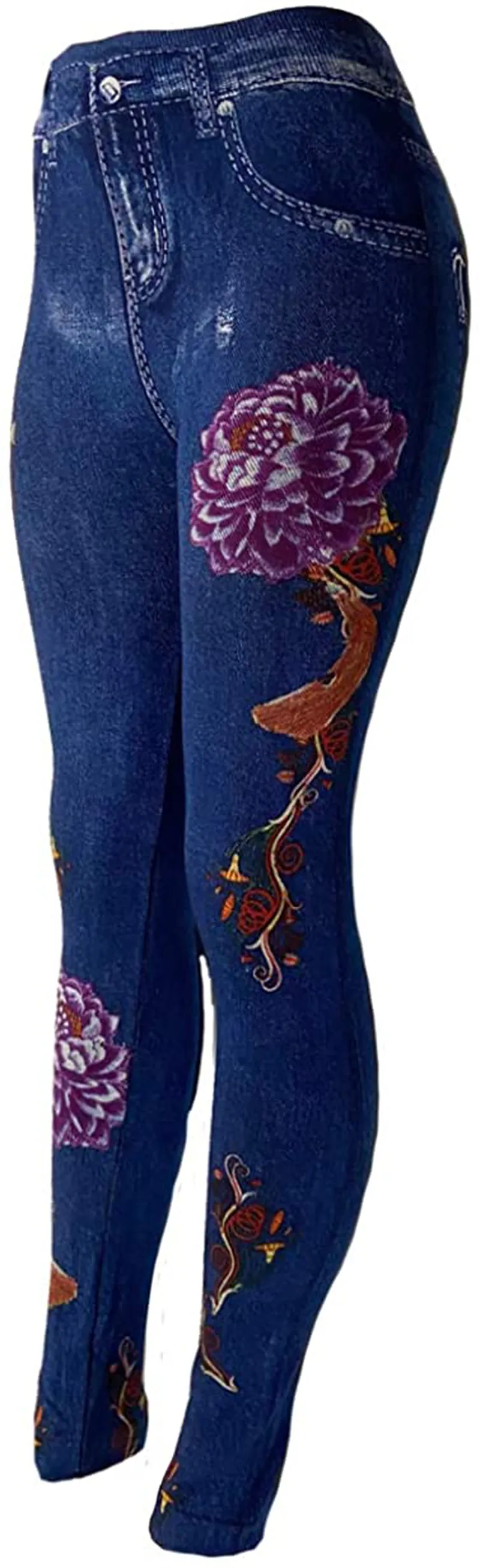 CLOYA Women's Denim Print Seamless Full Leggings for All Seasons - One Size Fits Small and Medium