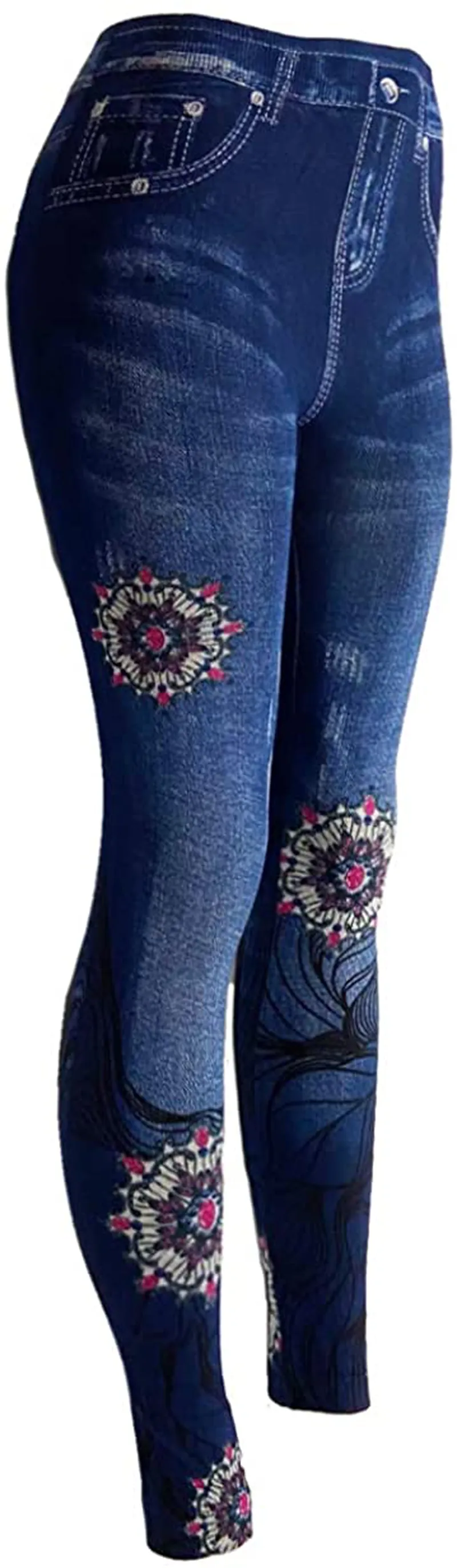 CLOYA Women's Denim Print Seamless Full Leggings for All Seasons - One Size Fits Small and Medium