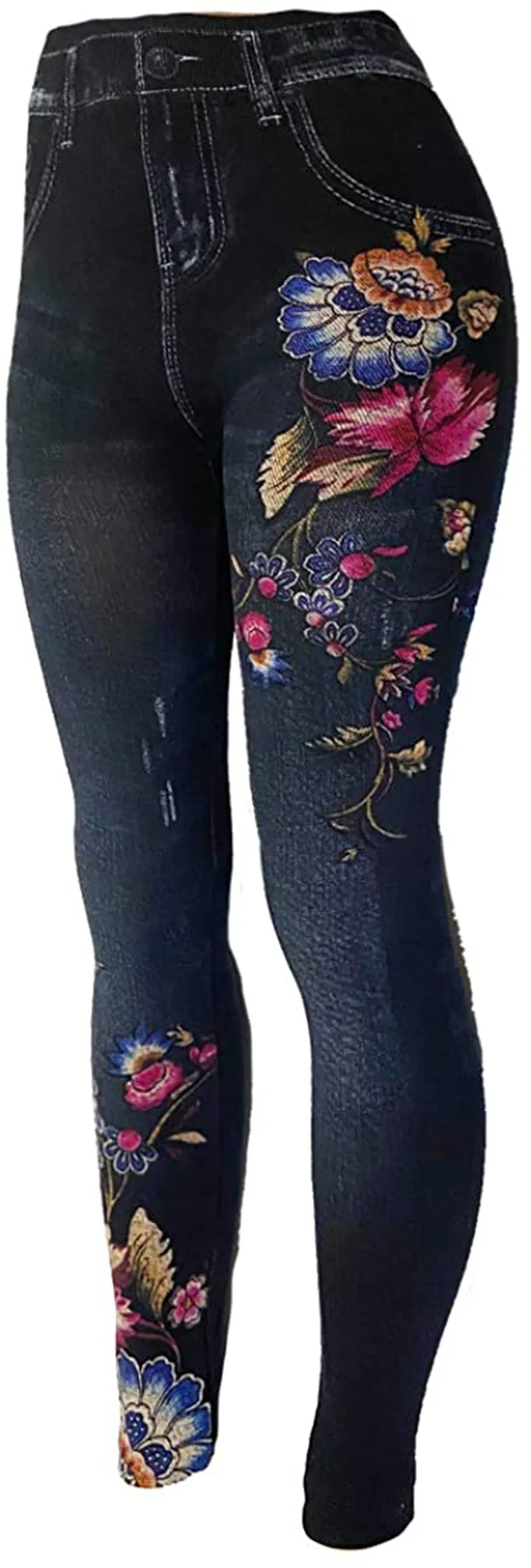 CLOYA Women's Denim Print Seamless Full Leggings for All Seasons - One Size Fits Small and Medium