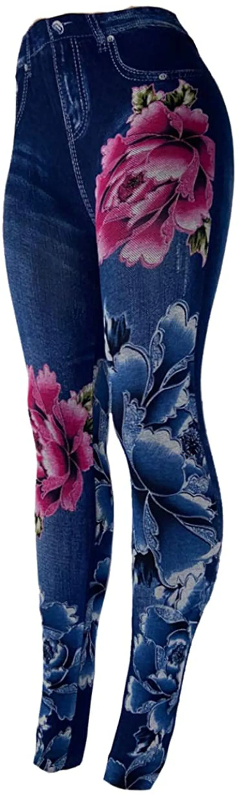 CLOYA Women's Denim Print Seamless Full Leggings for All Seasons - One Size Fits Small and Medium