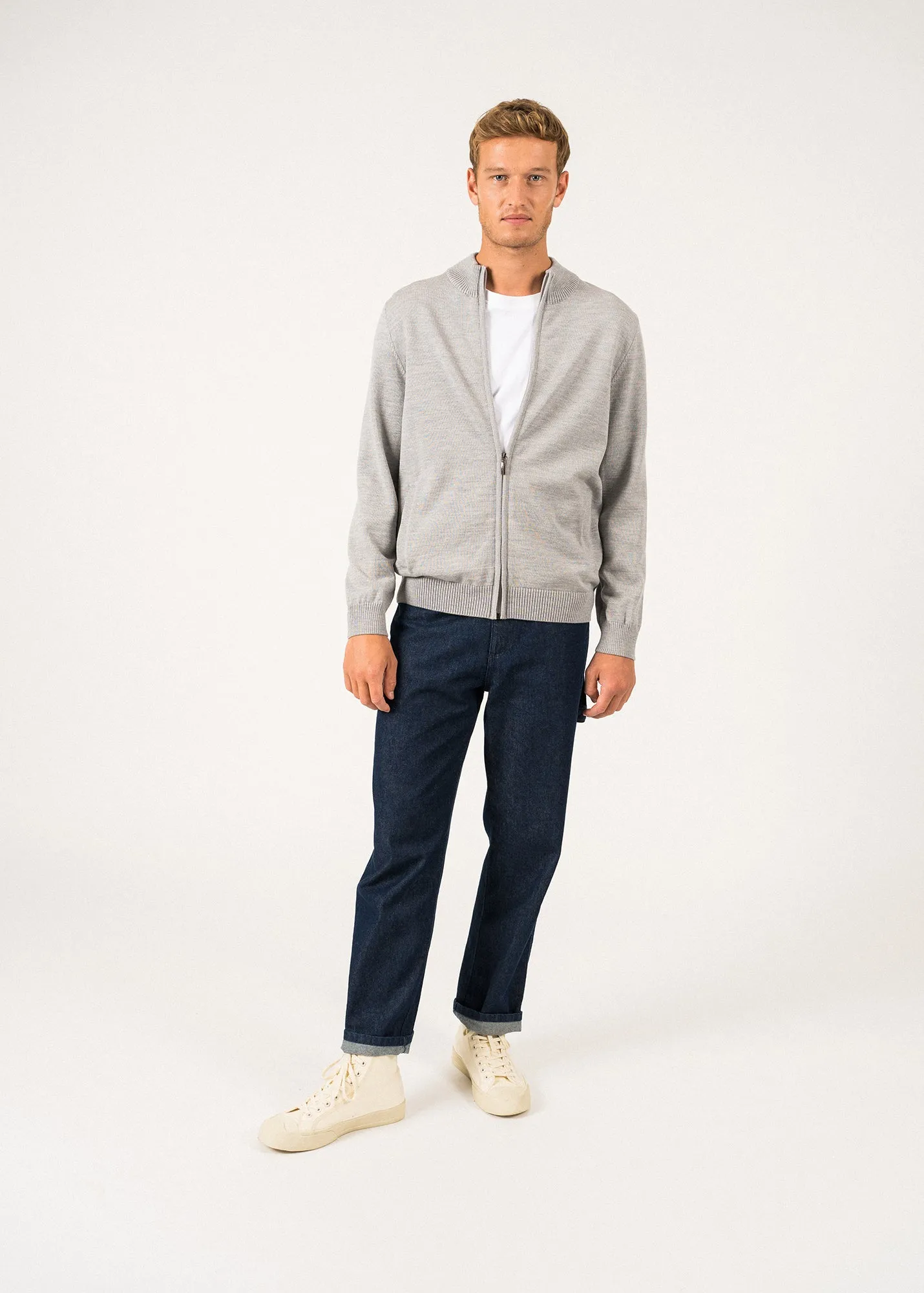 Colorado zipped cardigan - high-necked, in merino wool (GRIS/NAVY)