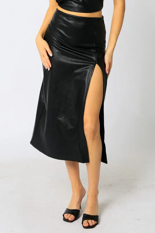 Dian Vegan Leather Midi Skirt - Black