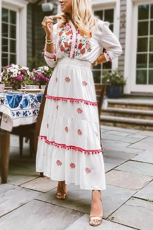 Embroidery Pom Pom Maxi Dress