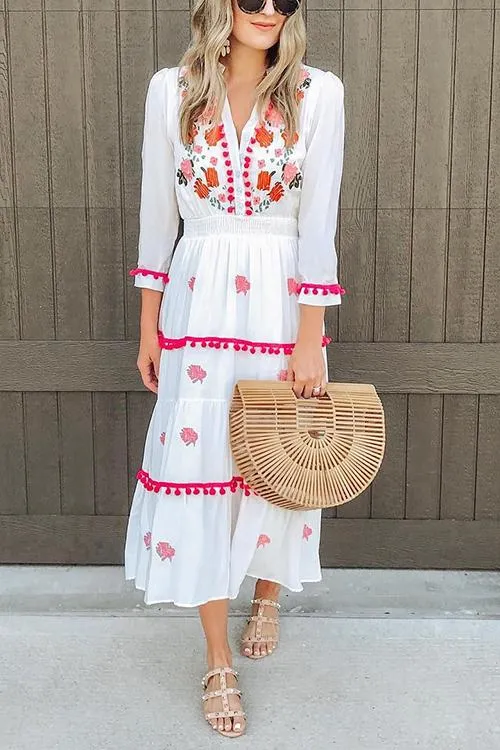 Embroidery Pom Pom Maxi Dress