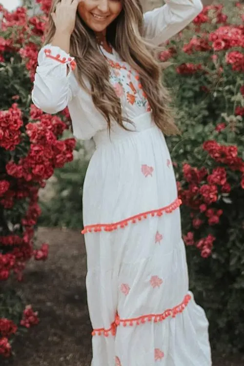 Embroidery Pom Pom Maxi Dress