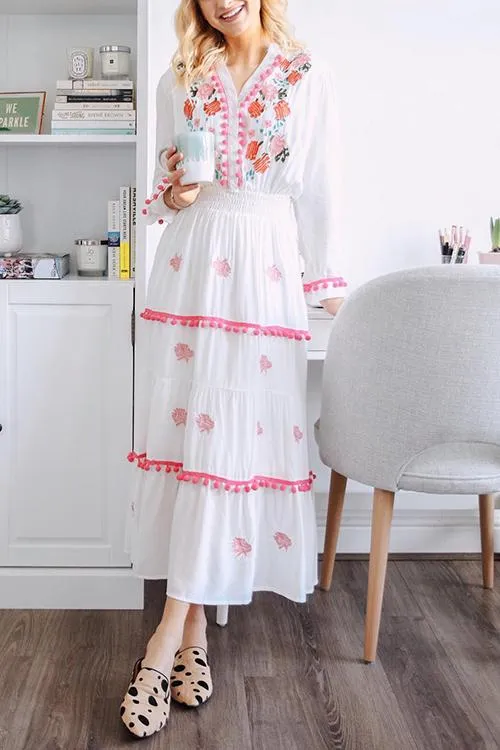 Embroidery Pom Pom Maxi Dress