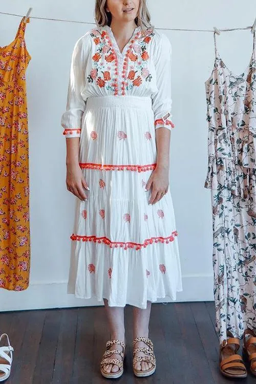 Embroidery Pom Pom Maxi Dress