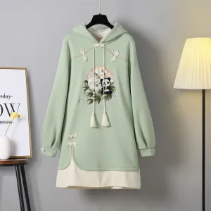 Enchanting Green Vintage Panda Embroidery Hoodie Dress