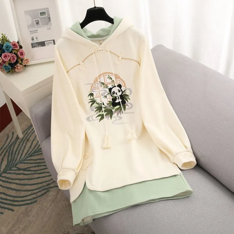 Enchanting Green Vintage Panda Embroidery Hoodie Dress