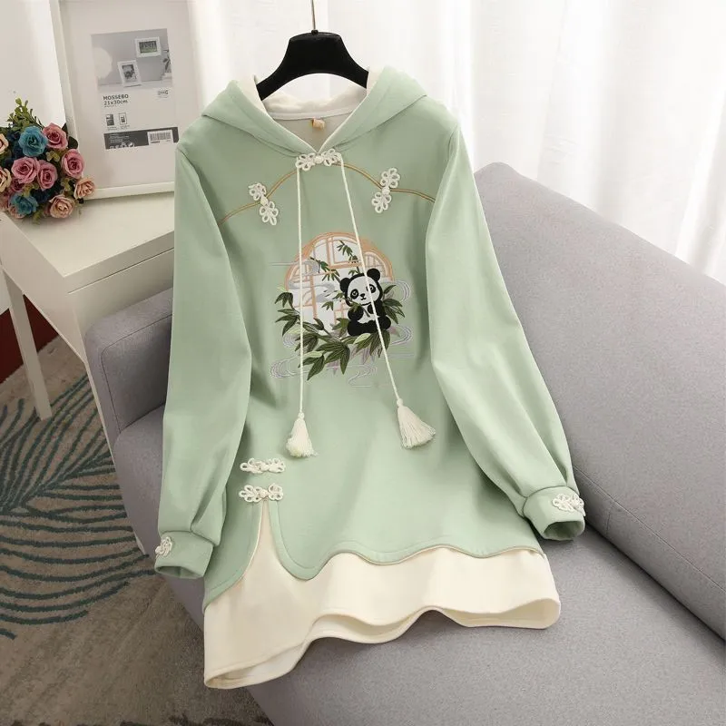 Enchanting Green Vintage Panda Embroidery Hoodie Dress