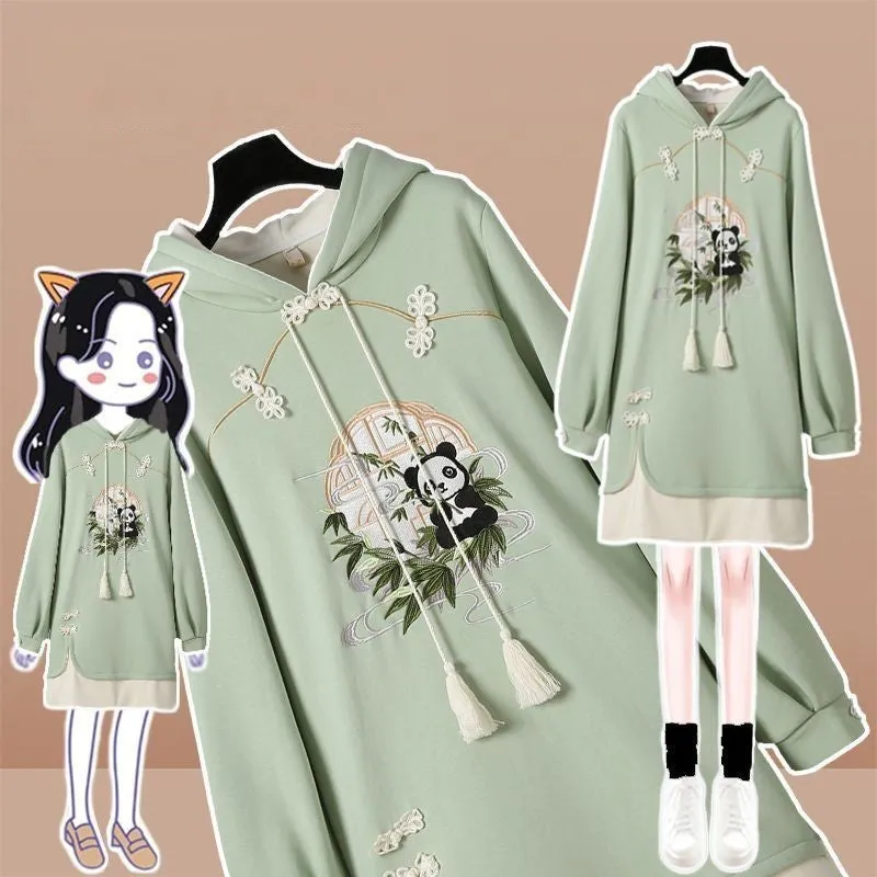 Enchanting Green Vintage Panda Embroidery Hoodie Dress