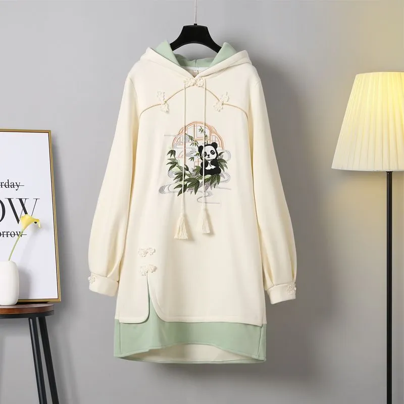 Enchanting Green Vintage Panda Embroidery Hoodie Dress