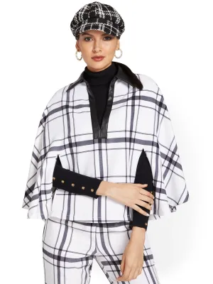 Faux-Leather Trim Plaid Cape