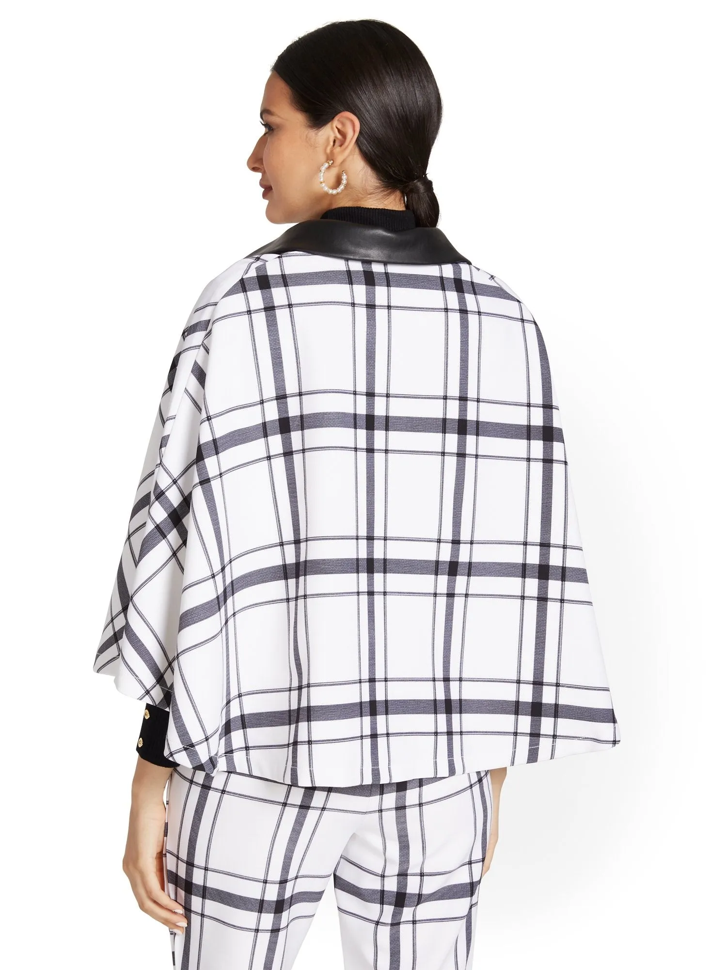 Faux-Leather Trim Plaid Cape