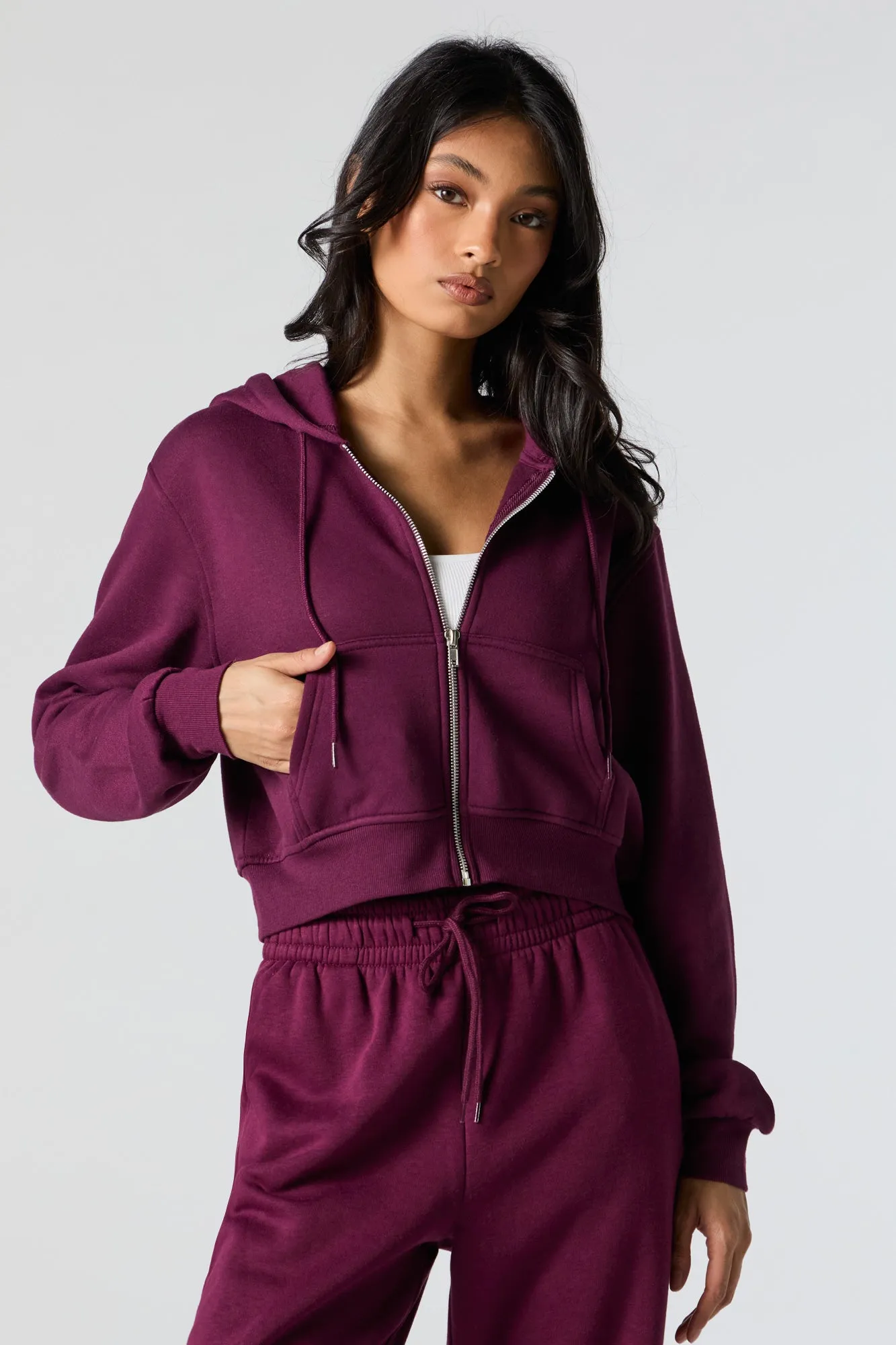 Fleece Zip-Up Cropped Hoodie