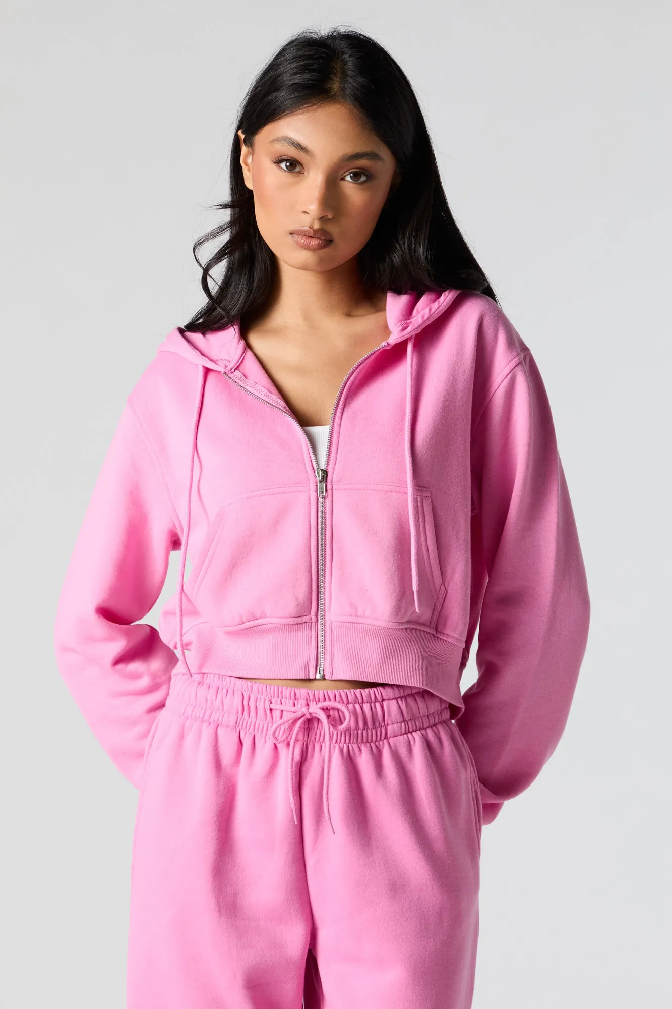 Fleece Zip-Up Cropped Hoodie