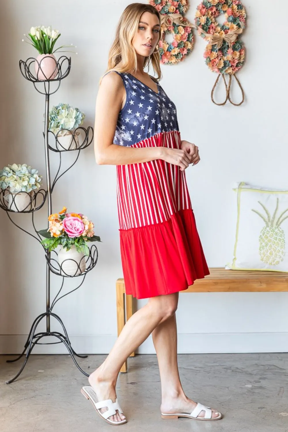 Full Size US Flag Theme Contrast Tank Dress