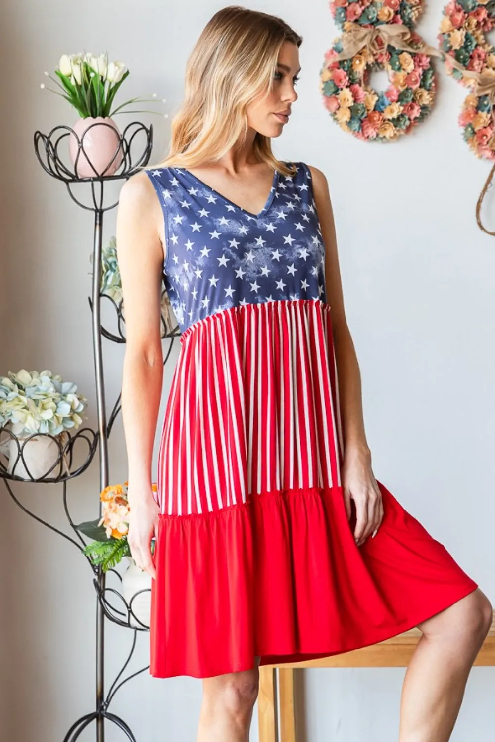 Full Size US Flag Theme Contrast Tank Dress