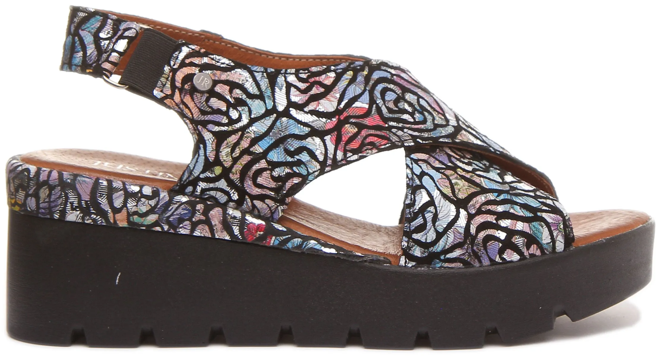 June Platform Cross Over Sandal in Black Floral Print