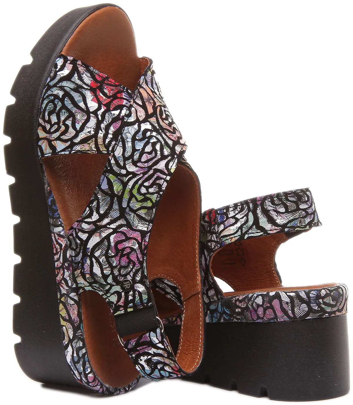 June Platform Cross Over Sandal in Black Floral Print