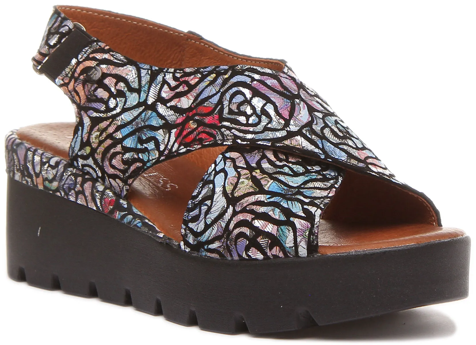 June Platform Cross Over Sandal in Black Floral Print