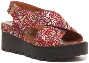 June Platform Cross Over Sandal in Red Floral Print