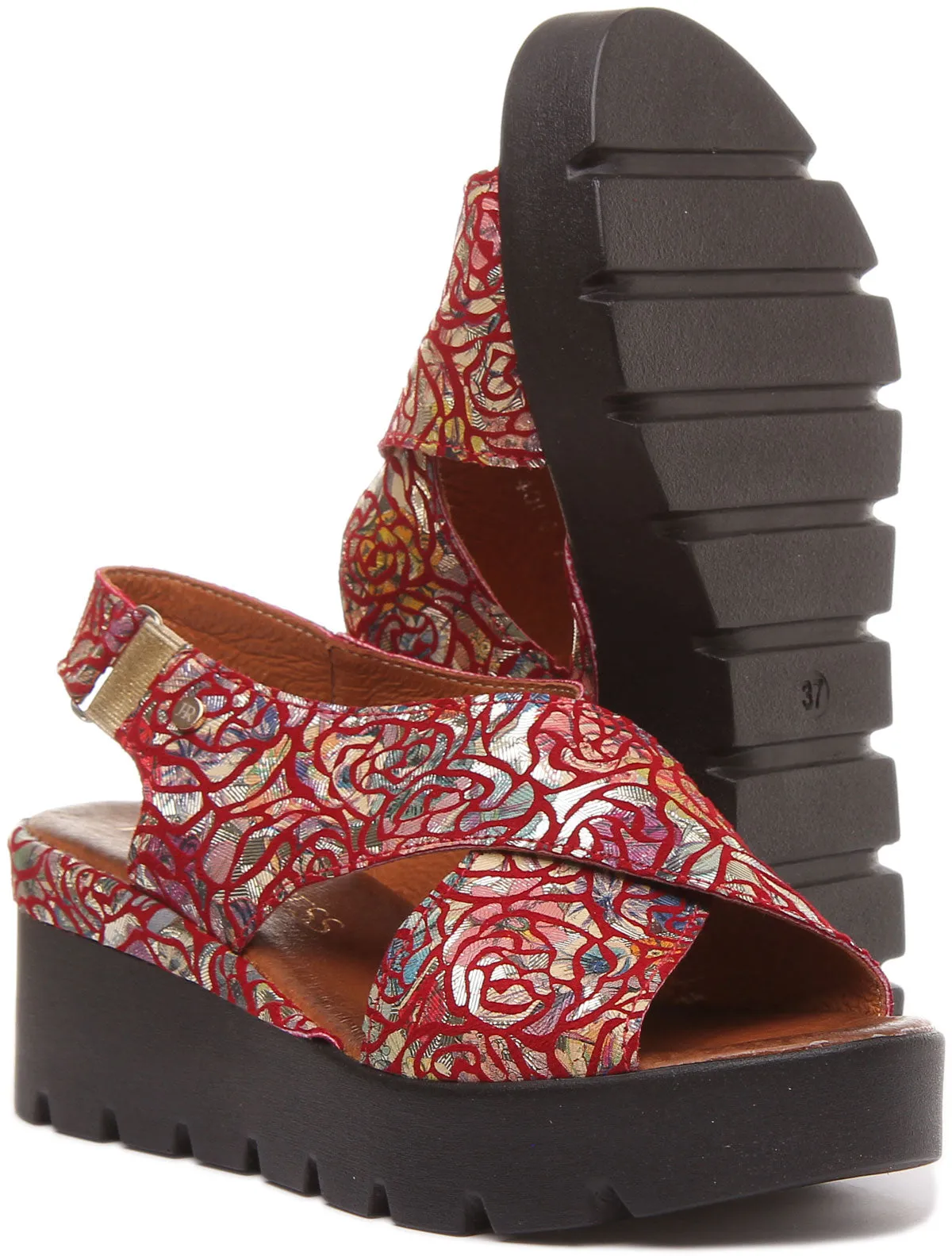 June Platform Cross Over Sandal in Red Floral Print