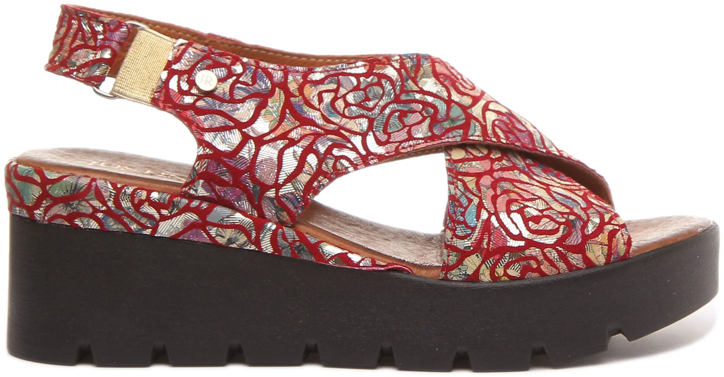 June Platform Cross Over Sandal in Red Floral Print