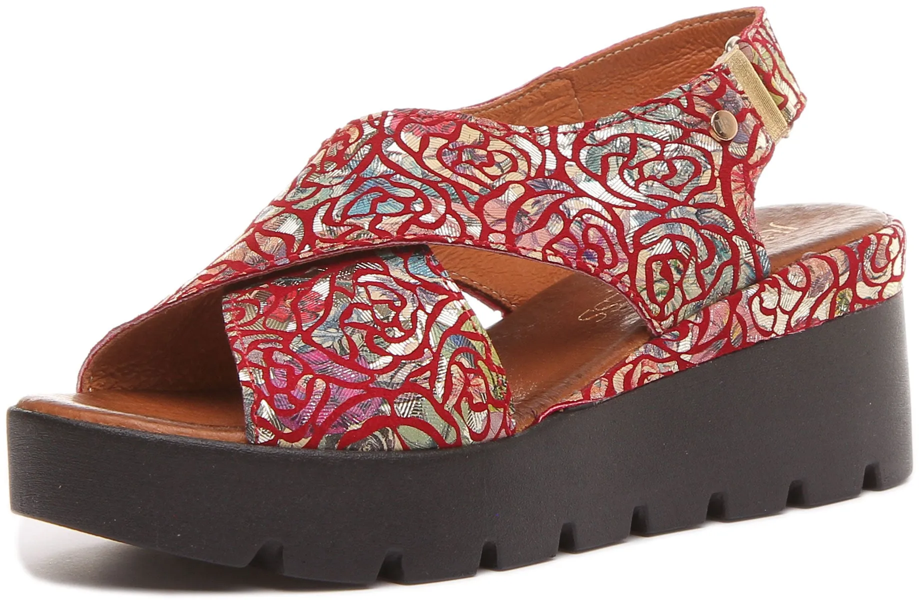 June Platform Cross Over Sandal in Red Floral Print