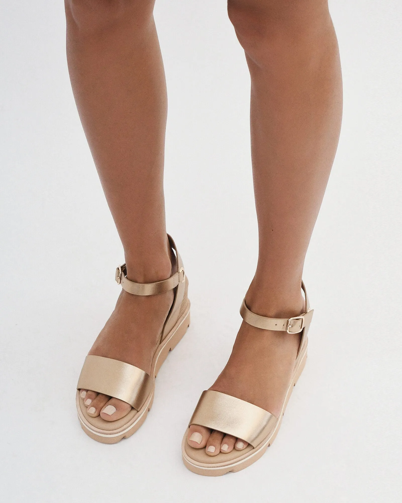 KATIE MID HEEL WEDGE SANDALS GOLD LEATHER