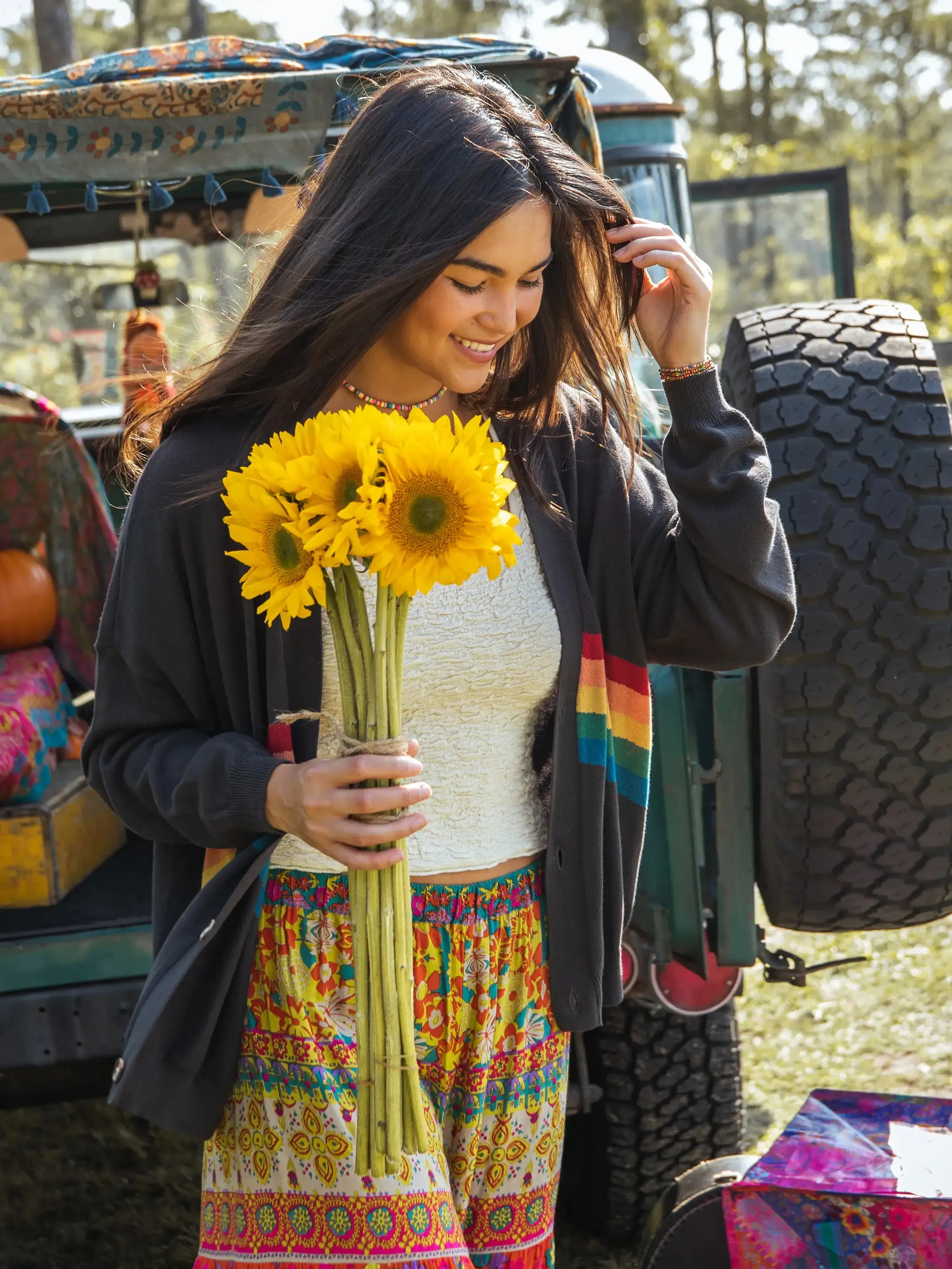 Live Happy Cotton Cardigan Sweater - Charcoal Rainbow