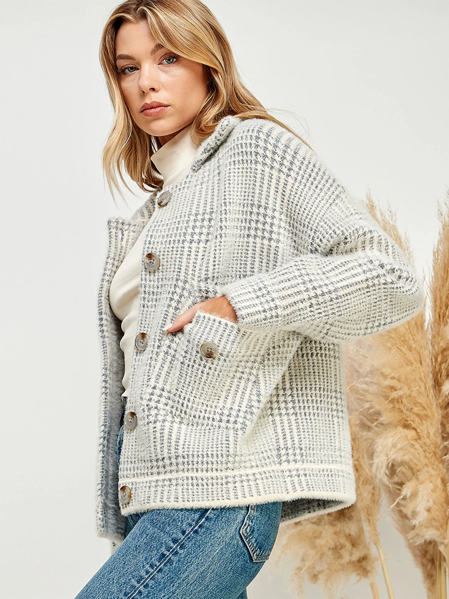 Long Sleeve Fuzzy Plaid Button Front Sweater Jacket