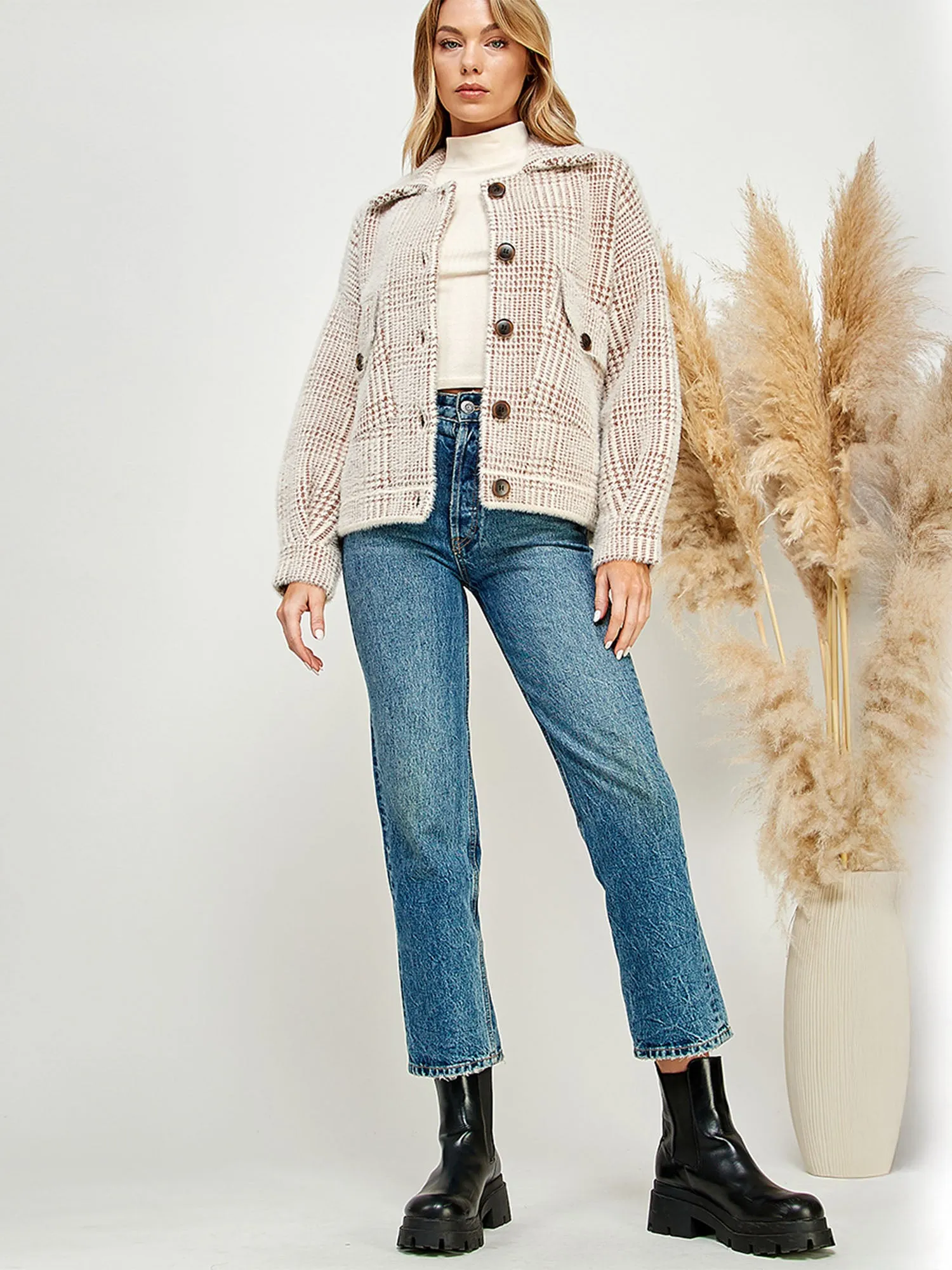 Long Sleeve Fuzzy Plaid Button Front Sweater Jacket