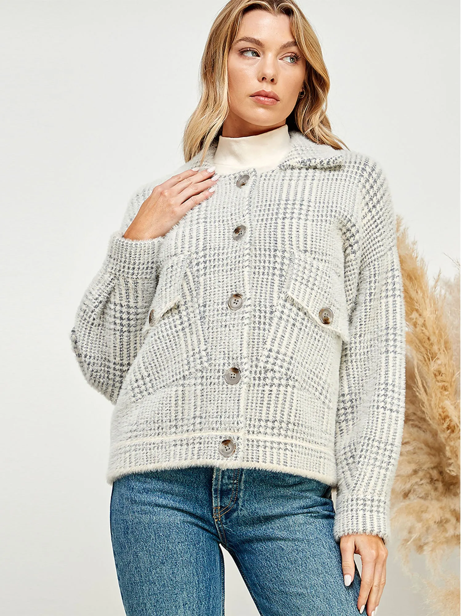 Long Sleeve Fuzzy Plaid Button Front Sweater Jacket